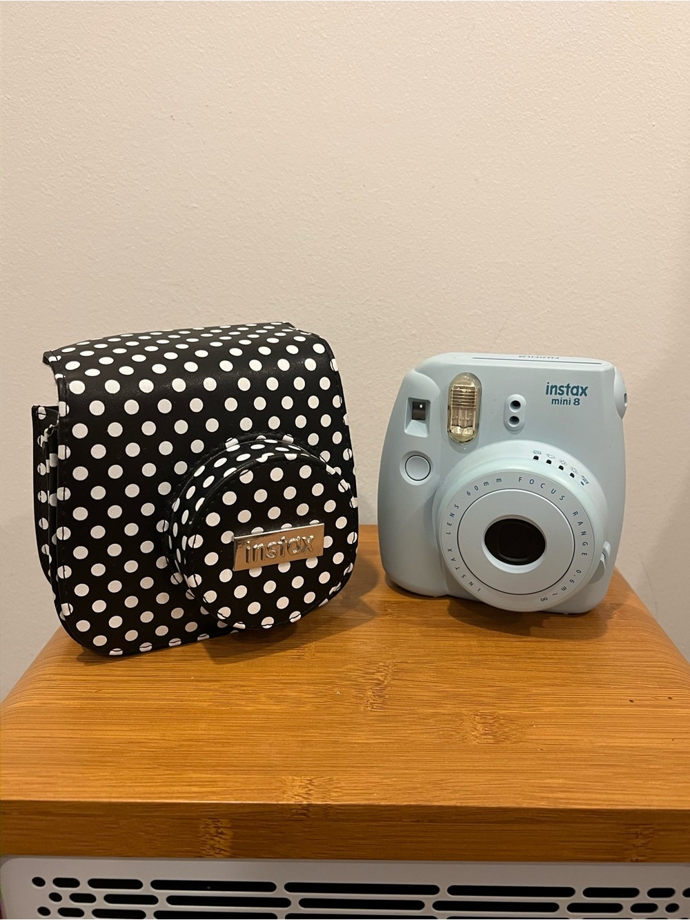 Instax Mini 8 (2012) Camera in Light Blue w/ Black Polka Dot Case